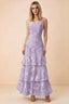 Front studio view of Bonnie wisteria floral lace maxi dress with thin straps and three ruffle tiers