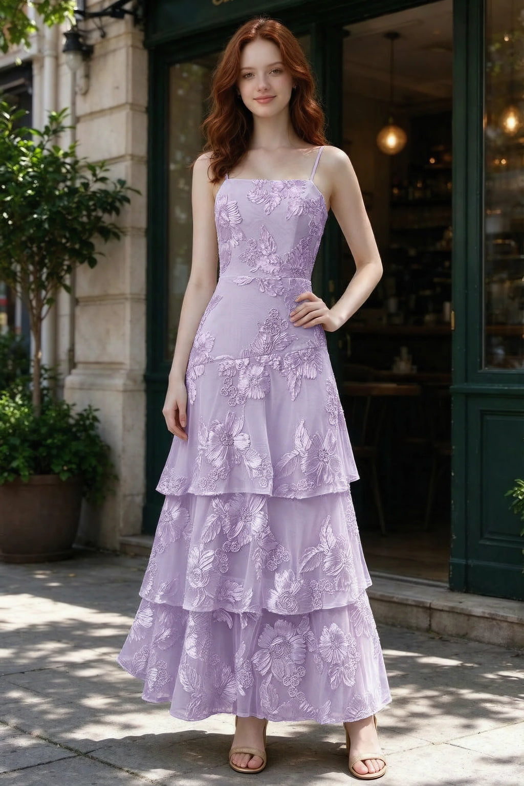 Outdoor front view of Bonnie wisteria floral ruffle dress outside a cafe