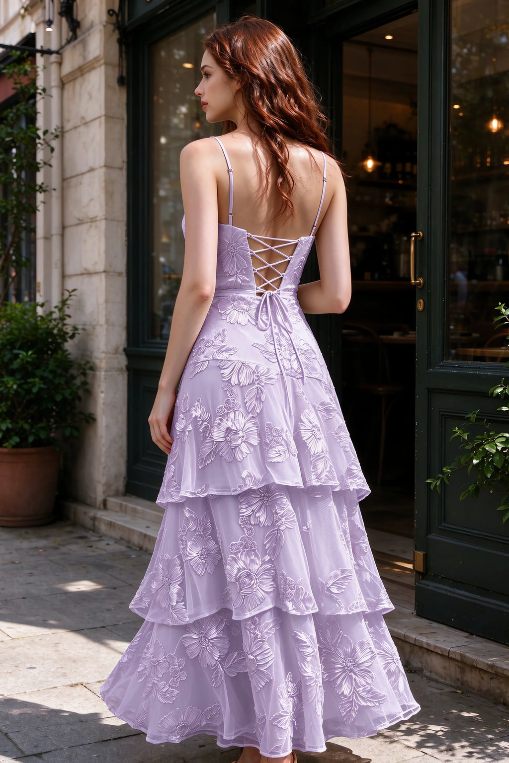 Outdoor rear view of Bonnie wisteria dress showing the lace-up back and layered skirt