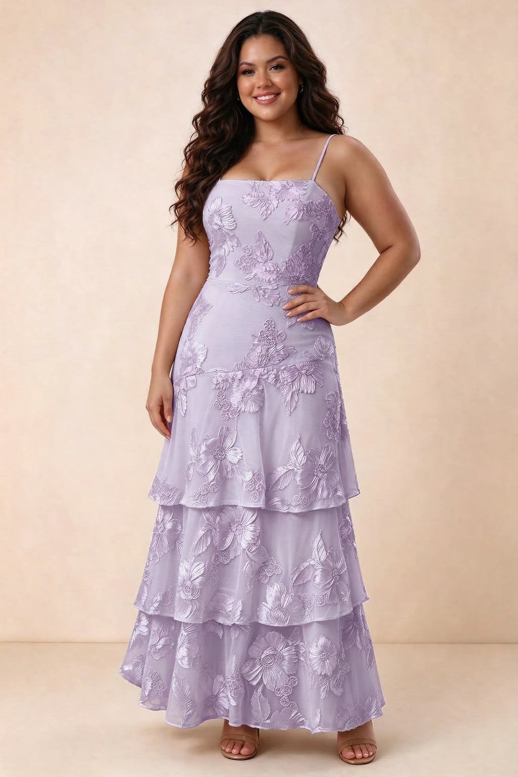 Front studio view of Bonnie wisteria maxi dress showing the straight neckline and floral layers