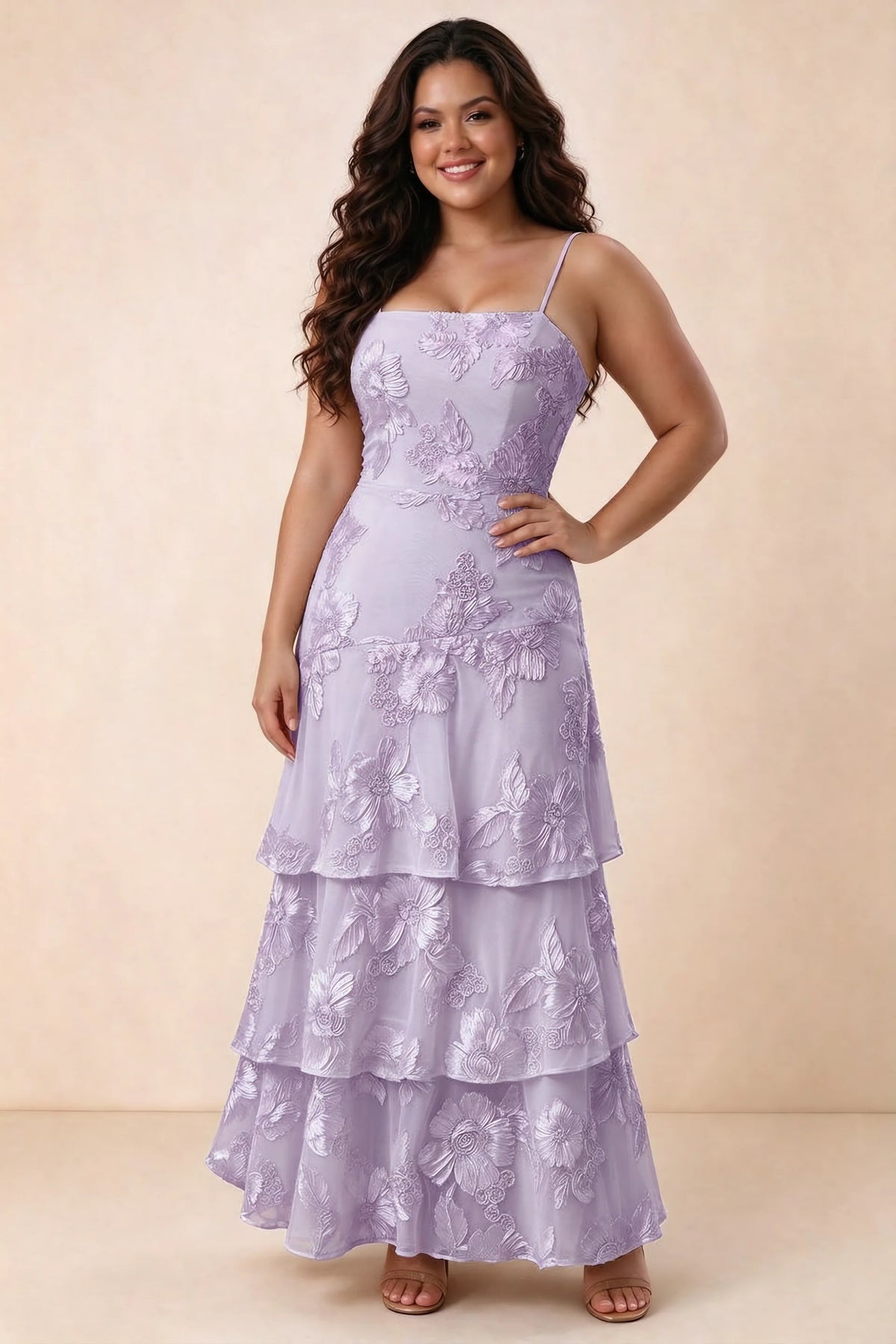Front studio view of Bonnie wisteria maxi dress showing the straight neckline and floral layers