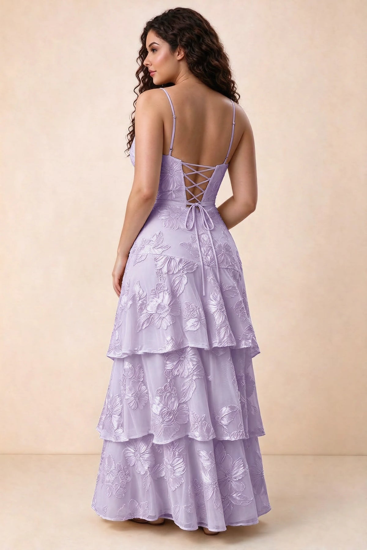 Rear studio view of Bonnie wisteria dress showing three overlapping tiers and an ankle-length hem