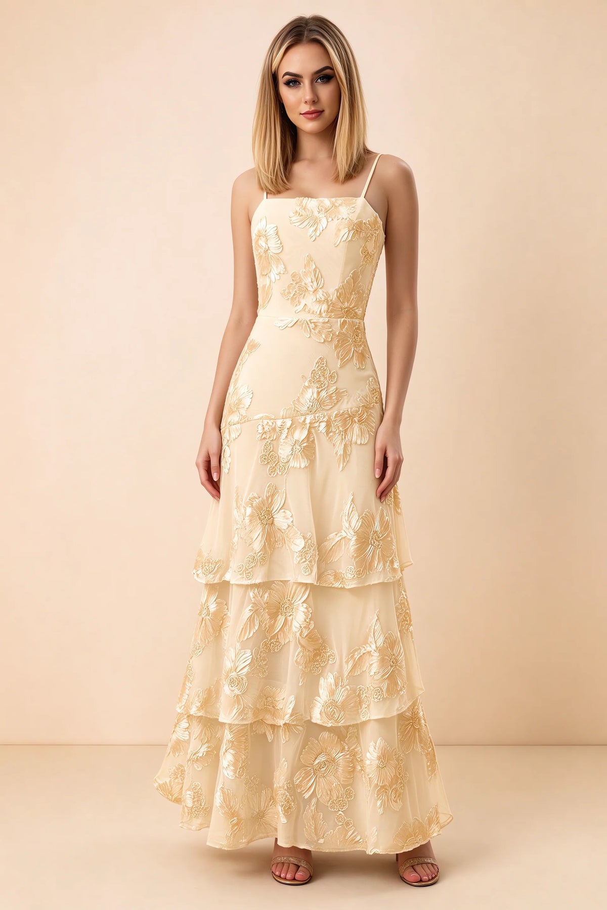 Front studio view of Bonnie yellow floral lace maxi dress with thin straps and three ruffle tiers