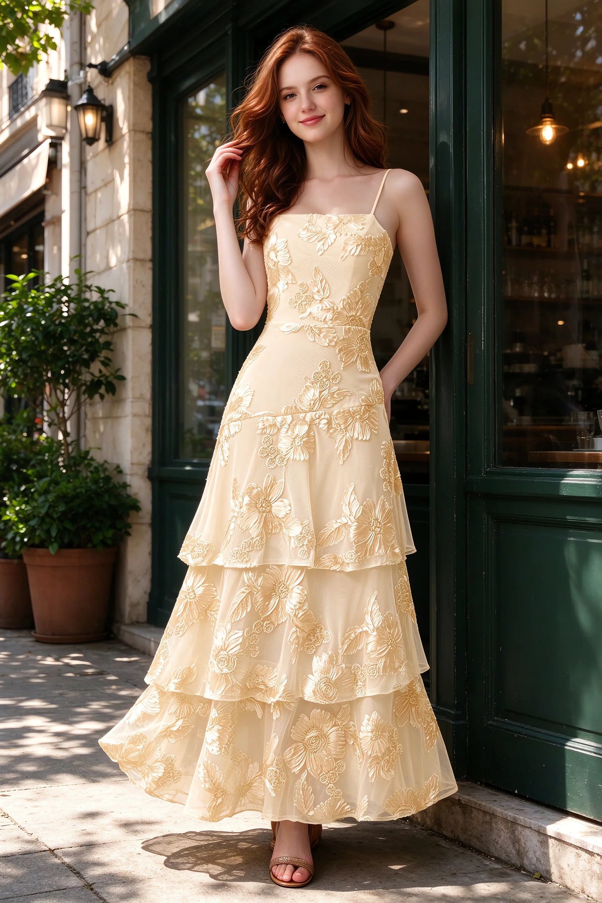 Outdoor front view of Bonnie yellow floral ruffle dress outside a cafe