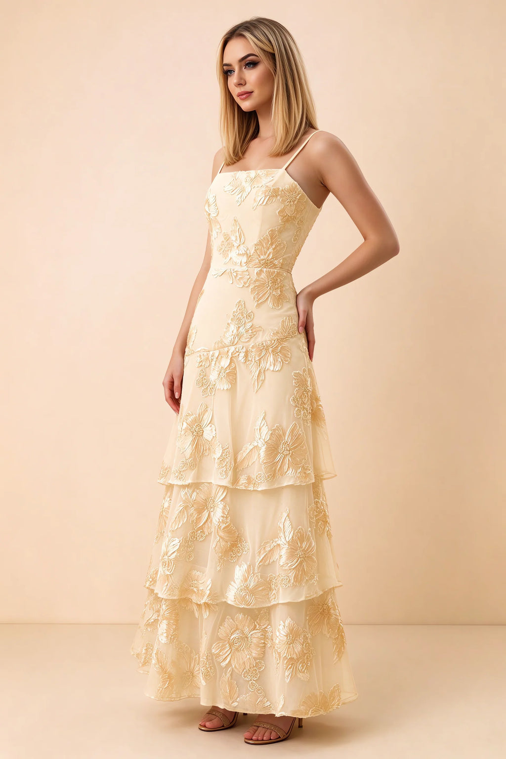 Three-quarter studio view of Bonnie yellow dress showing the fitted waist and flared ruffle tiers