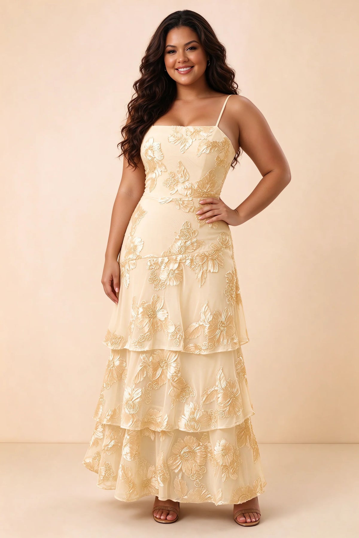 Front studio view of Bonnie yellow maxi dress showing the straight neckline and floral layers