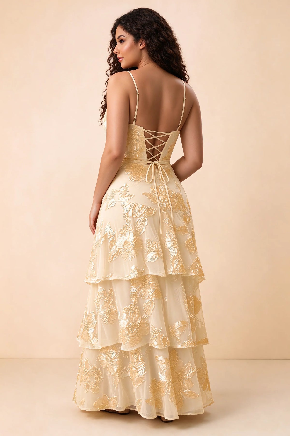 Rear studio view of Bonnie yellow dress showing three overlapping tiers and an ankle-length hem