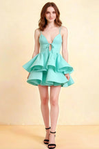 Brenda Aqua V Neck Spaghetti Strap Mini Ruffle Dress