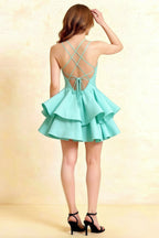 Brenda Aqua V Neck Spaghetti Strap Mini Ruffle Dress
