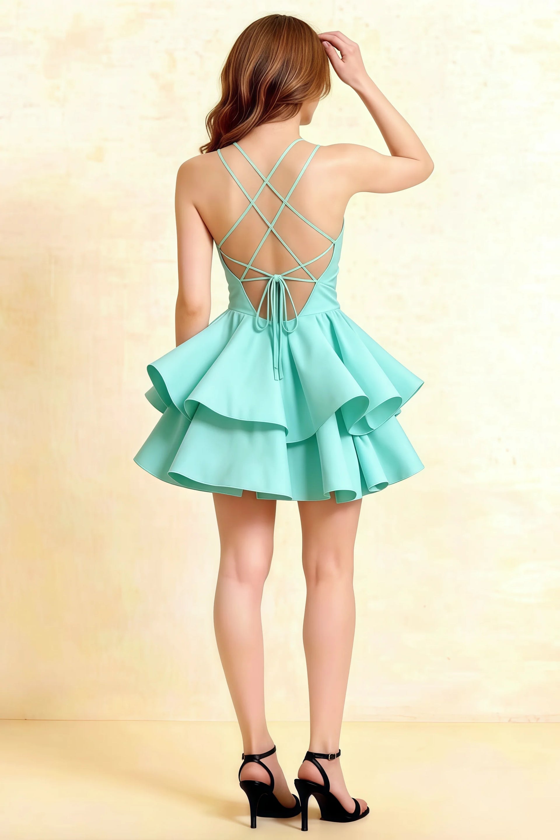 Brenda Aqua V Neck Spaghetti Strap Mini Ruffle Dress