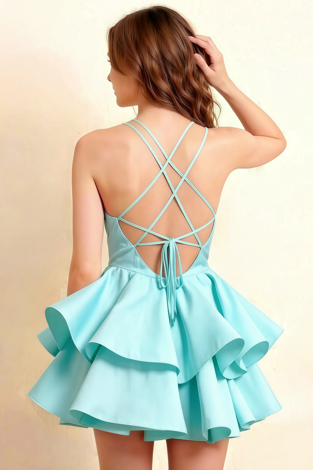Brenda Aqua V Neck Spaghetti Strap Mini Ruffle Dress