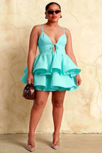 Brenda Aqua V Neck Spaghetti Strap Mini Ruffle Dress