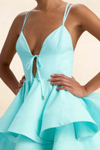 Brenda Aqua V Neck Spaghetti Strap Mini Ruffle Dress