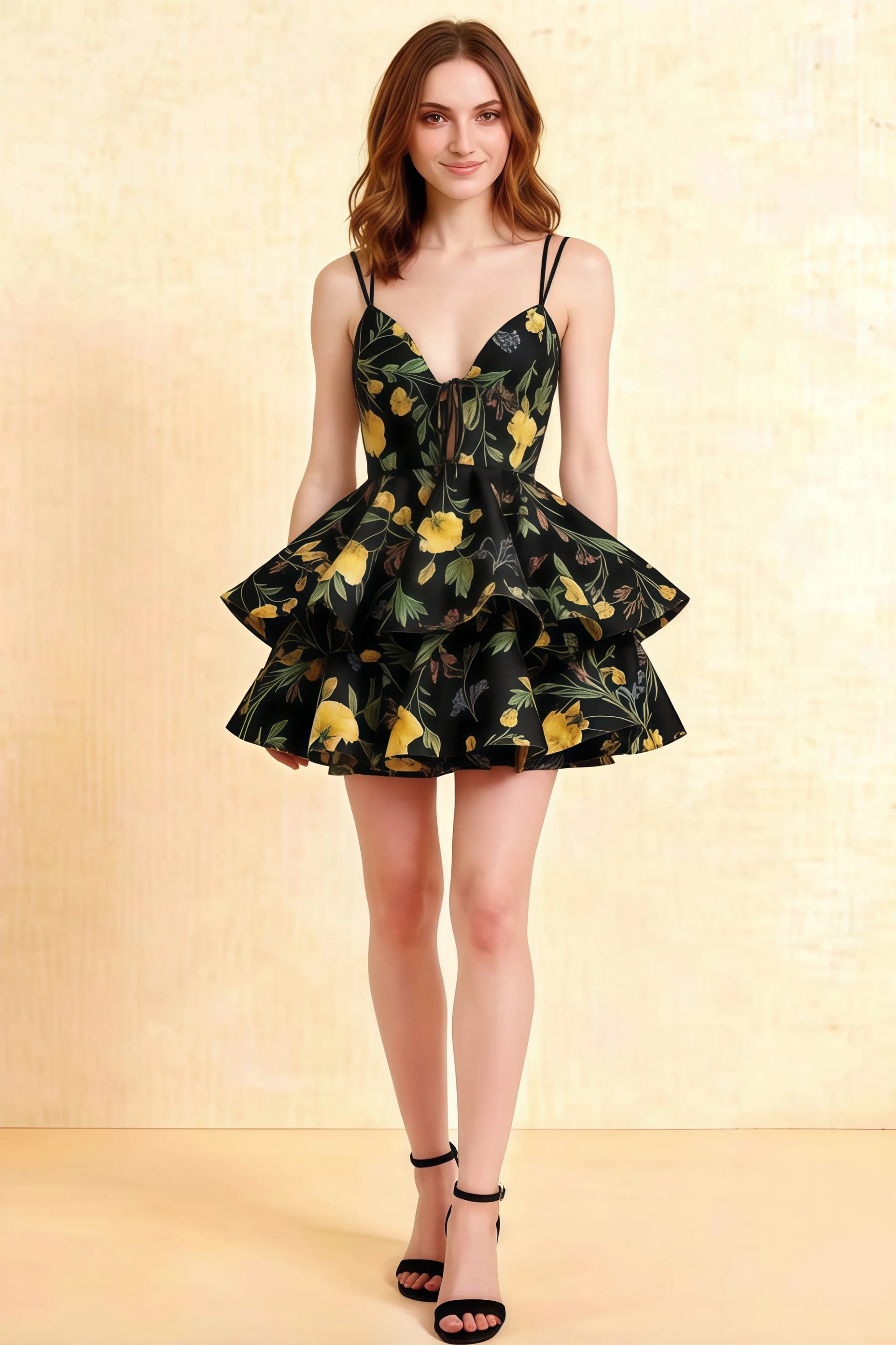 Brenda Black Floral V Neck Spaghetti Strap Mini Ruffle Dress