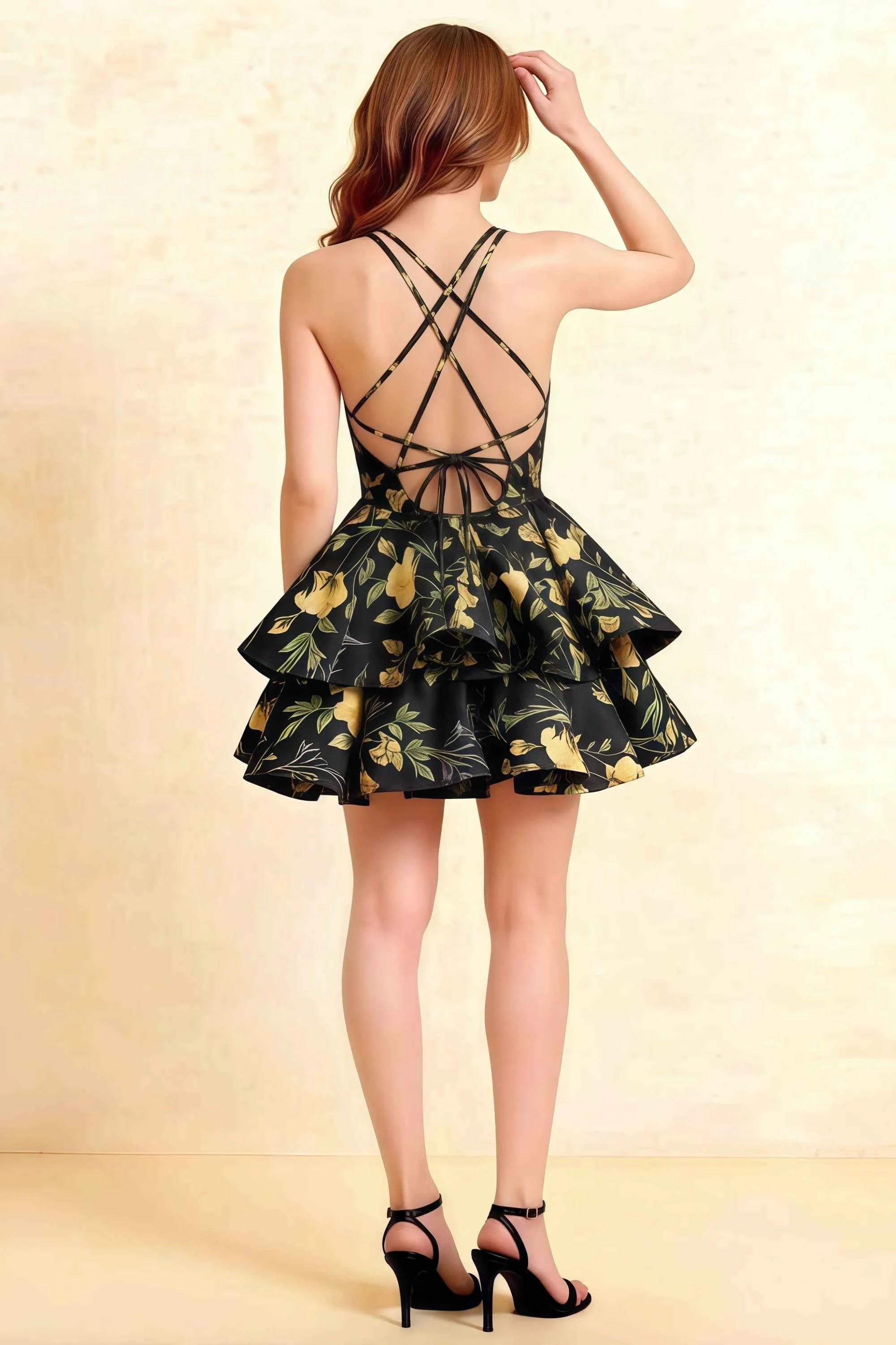 Brenda Black Floral V Neck Spaghetti Strap Mini Ruffle Dress Secondary image