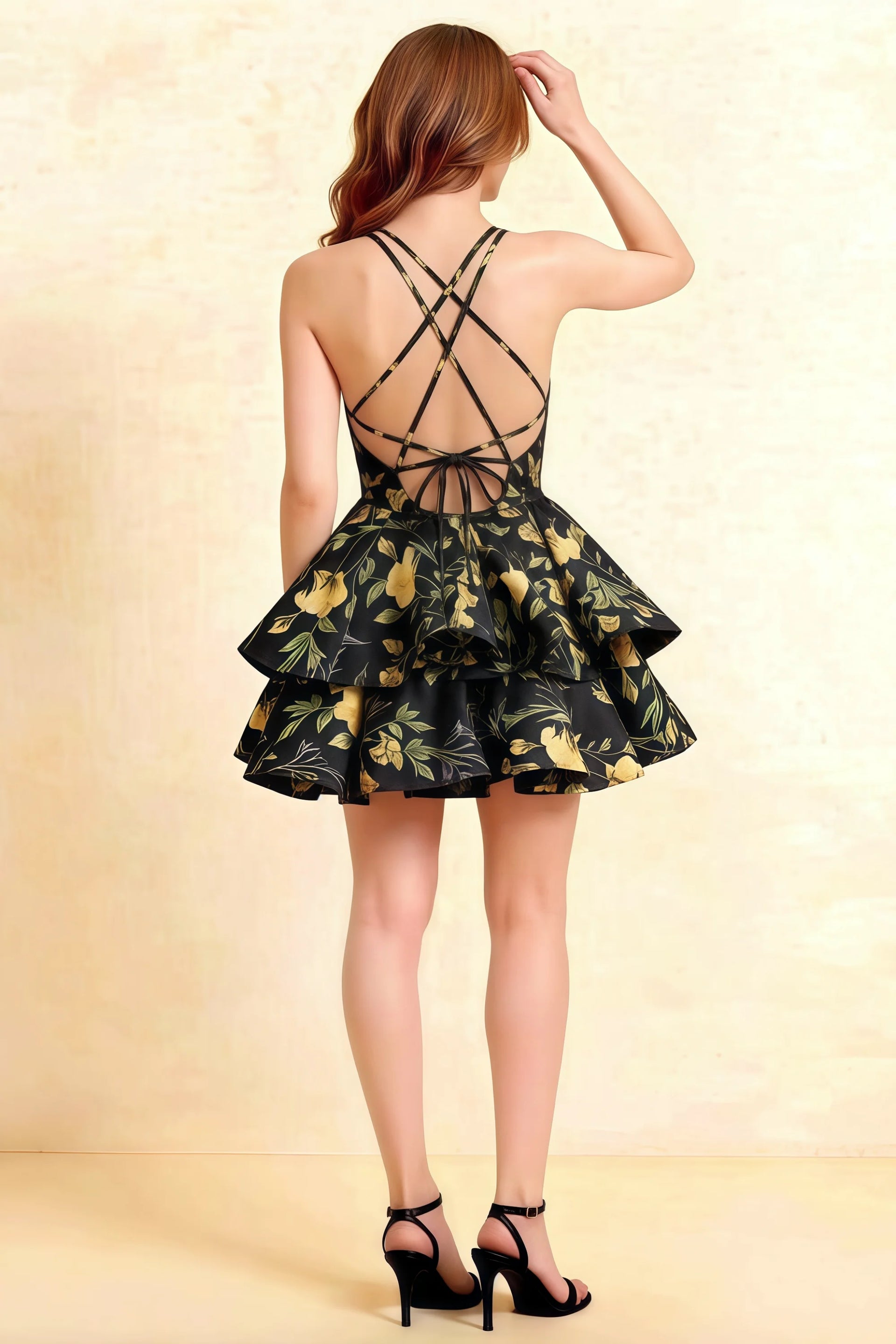 Brenda Black Floral V Neck Spaghetti Strap Mini Ruffle Dress