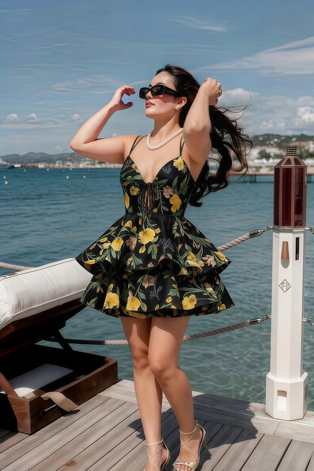 Brenda Black Floral V Neck Spaghetti Strap Mini Ruffle Dress