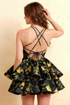 Brenda Black Floral V Neck Spaghetti Strap Mini Ruffle Dress