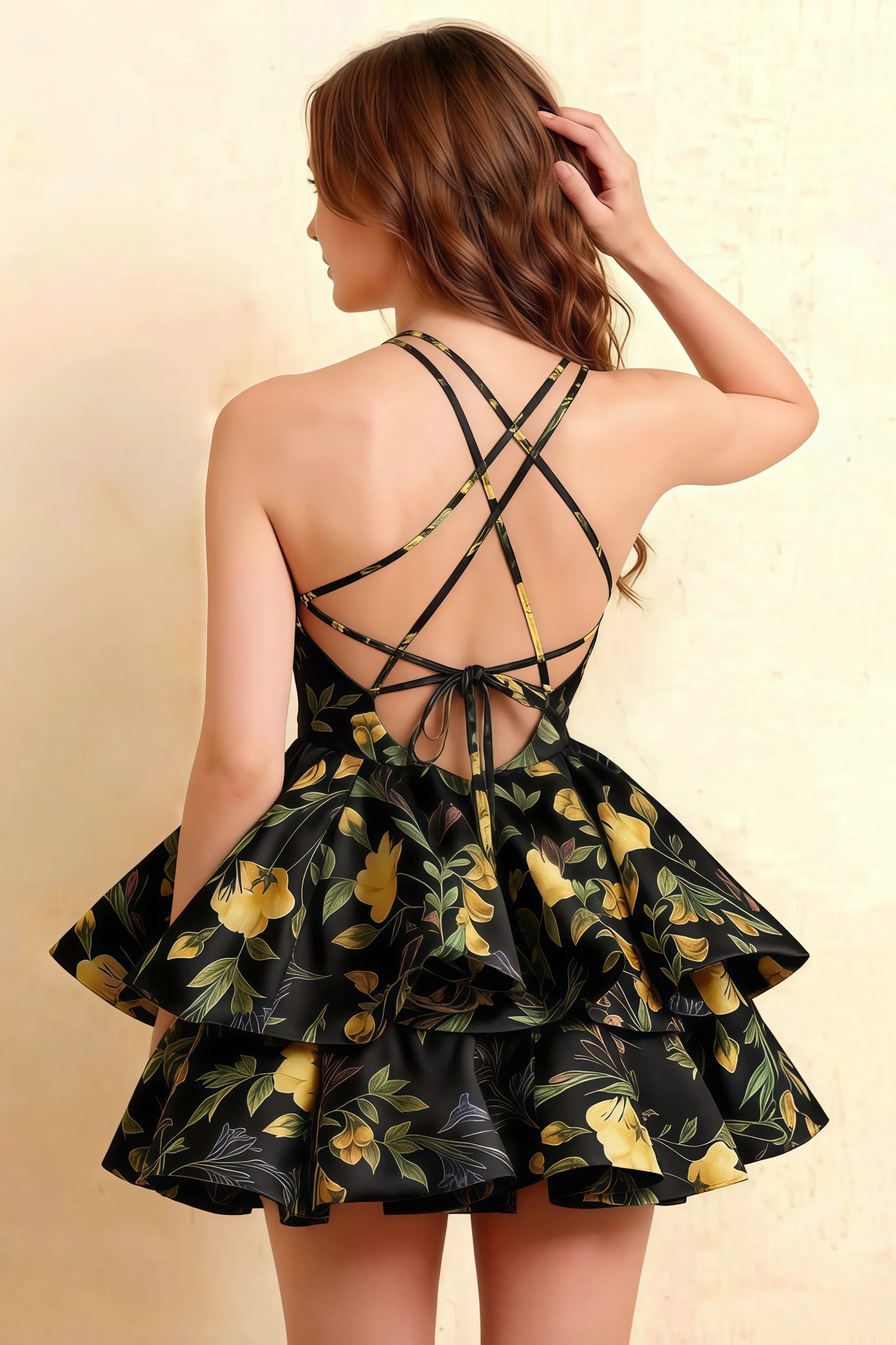 Brenda Black Floral V Neck Spaghetti Strap Mini Ruffle Dress