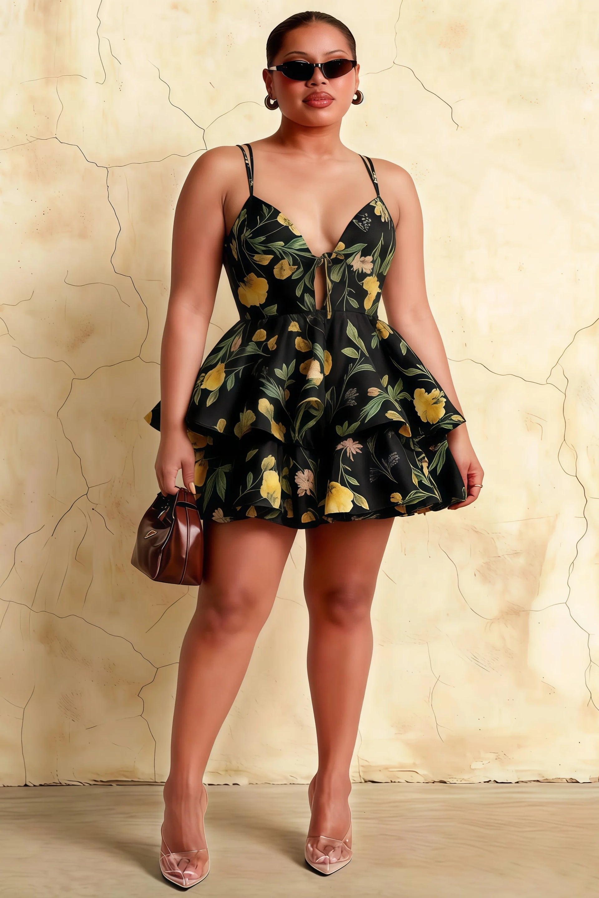 Brenda Black Floral V Neck Spaghetti Strap Mini Ruffle Dress