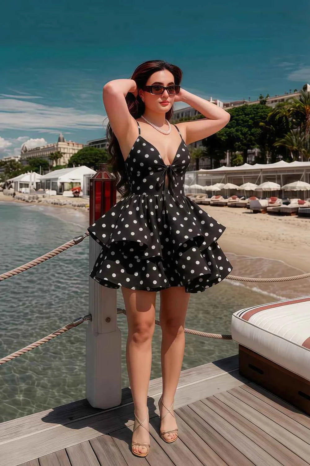 Brenda Black Polka Dot V Neck Spaghetti Strap Mini Ruffle Dress