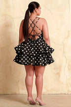 Brenda Black Polka Dot V Neck Spaghetti Strap Mini Ruffle Dress