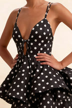 Brenda Black Polka Dot V Neck Spaghetti Strap Mini Ruffle Dress