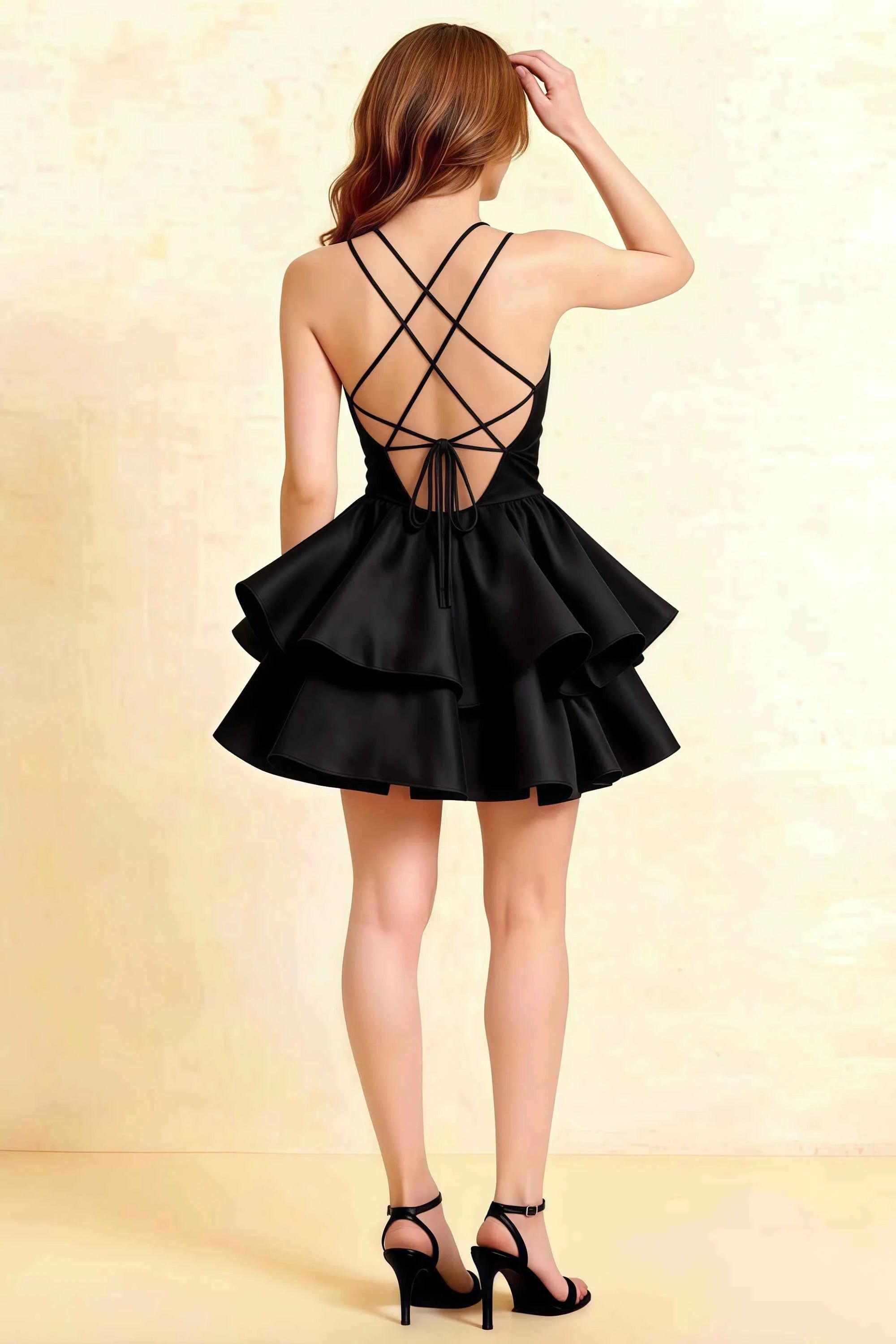 Brenda Black V Neck Spaghetti Strap Mini Ruffle Dress Secondary image