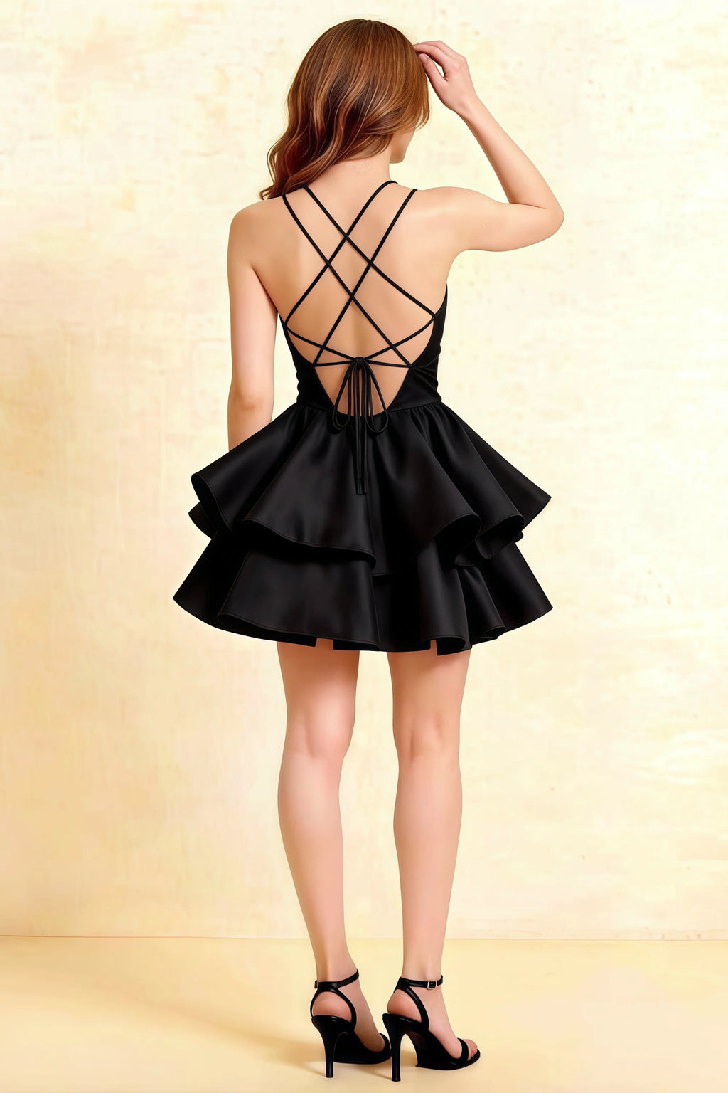 Brenda Black V Neck Spaghetti Strap Mini Ruffle Dress