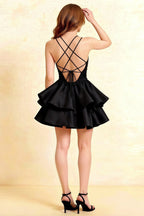 Brenda Black V Neck Spaghetti Strap Mini Ruffle Dress