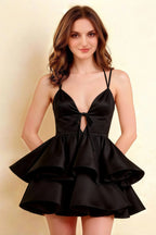 Brenda Black V Neck Spaghetti Strap Mini Ruffle Dress