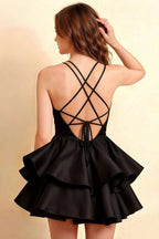 Brenda Black V Neck Spaghetti Strap Mini Ruffle Dress