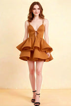 Brenda Bronze V Neck Spaghetti Strap Mini Ruffle Dress