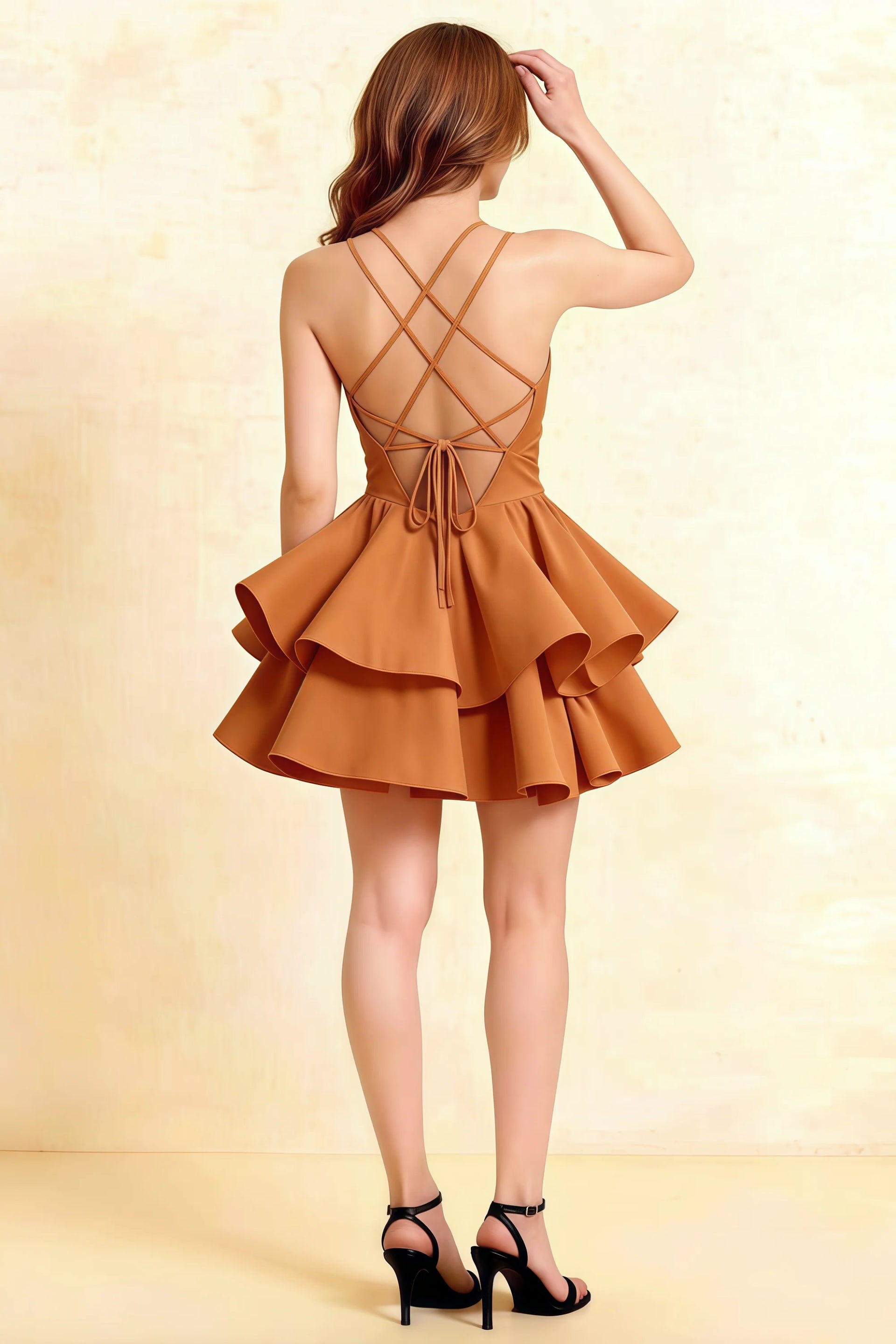 Brenda Bronze V Neck Spaghetti Strap Mini Ruffle Dress