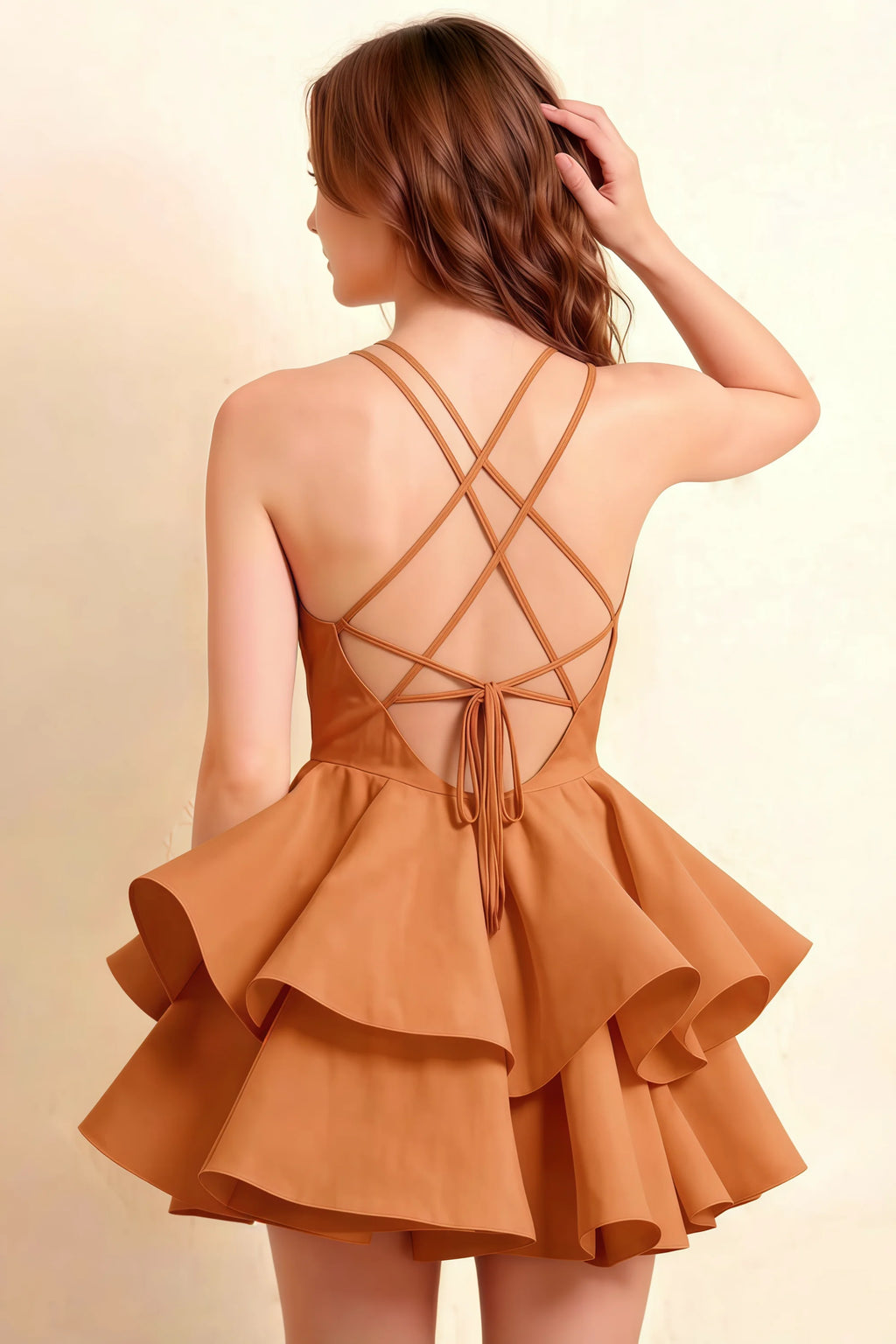 Brenda Bronze V Neck Spaghetti Strap Mini Ruffle Dress