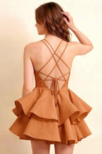 Brenda Bronze V Neck Spaghetti Strap Mini Ruffle Dress