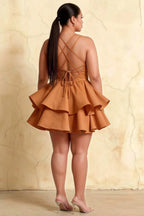 Brenda Bronze V Neck Spaghetti Strap Mini Ruffle Dress