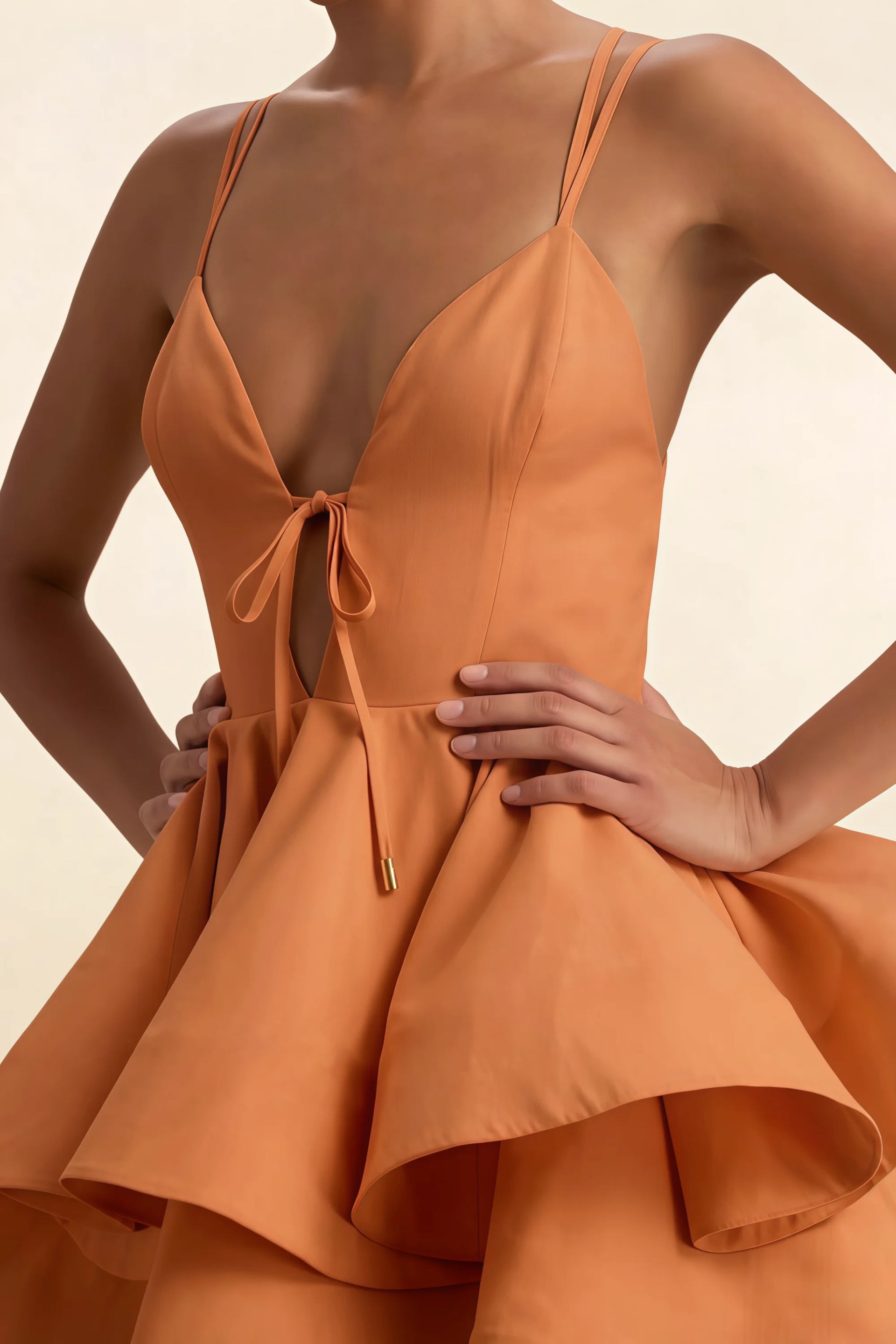 Brenda Bronze V Neck Spaghetti Strap Mini Ruffle Dress