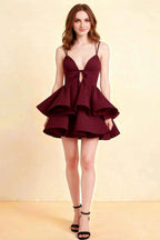 Brenda Burgundy V Neck Spaghetti Strap Mini Ruffle Dress