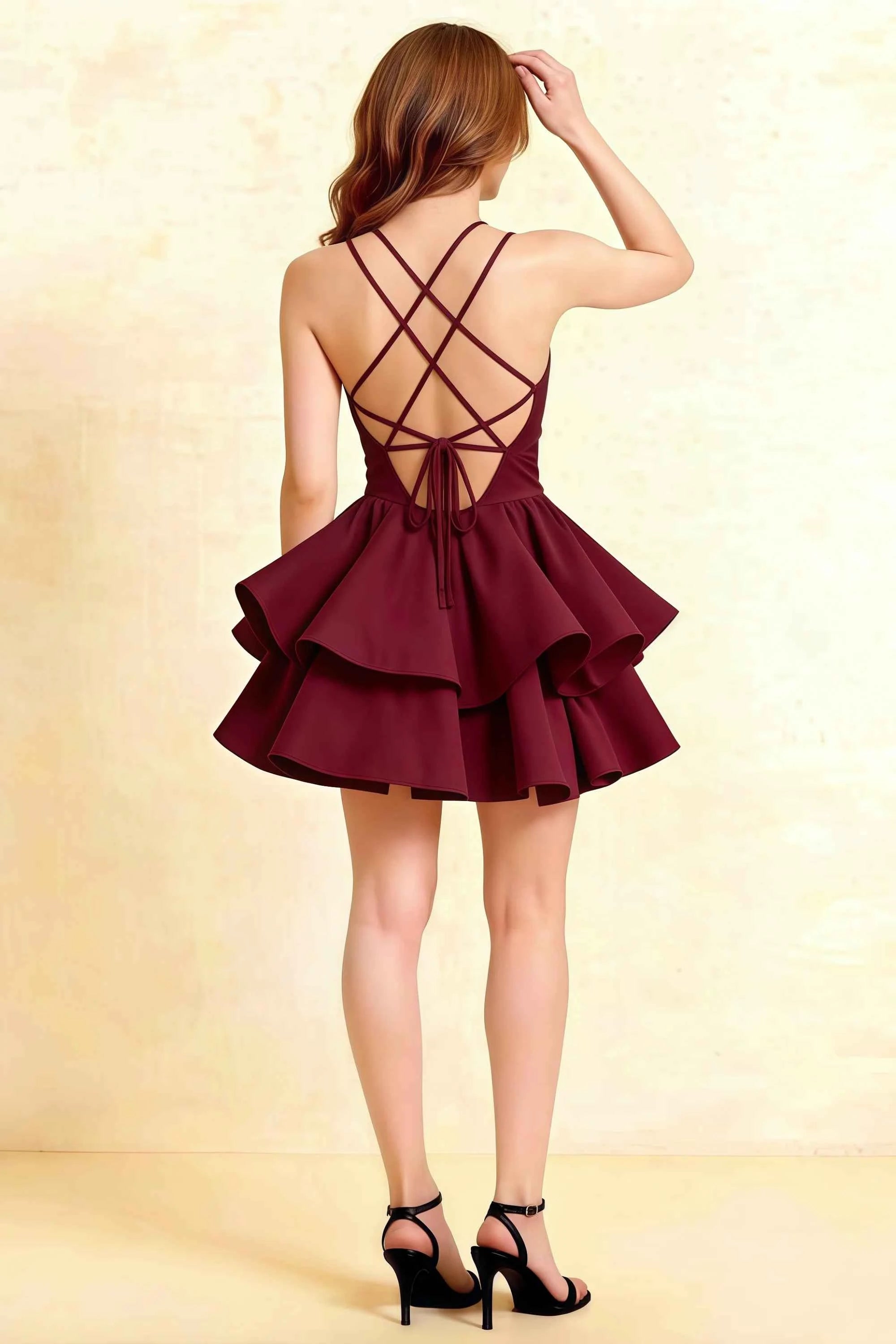Brenda Burgundy V Neck Spaghetti Strap Mini Ruffle Dress Secondary image