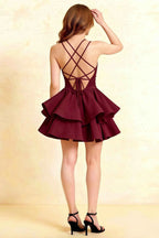 Brenda Burgundy V Neck Spaghetti Strap Mini Ruffle Dress