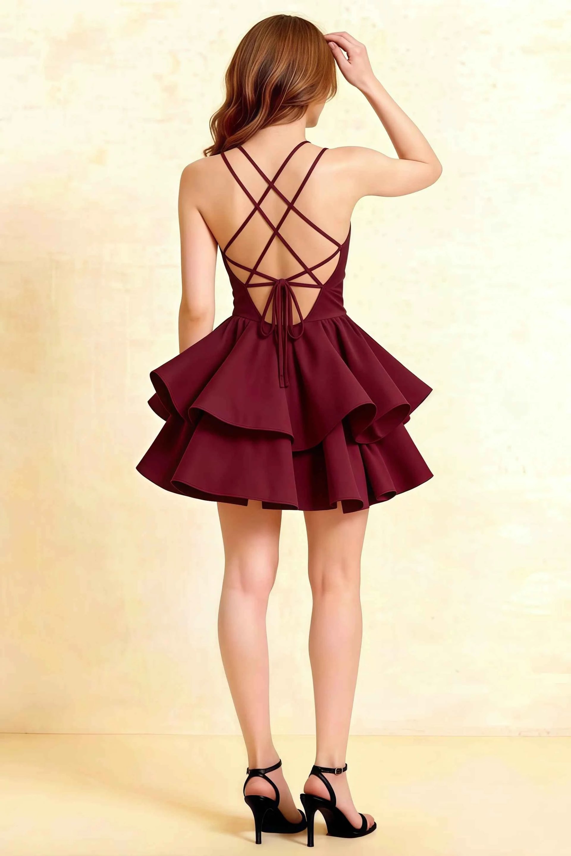 Brenda Burgundy V Neck Spaghetti Strap Mini Ruffle Dress