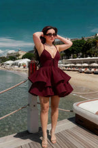 Brenda Burgundy V Neck Spaghetti Strap Mini Ruffle Dress