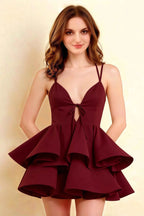 Brenda Burgundy V Neck Spaghetti Strap Mini Ruffle Dress