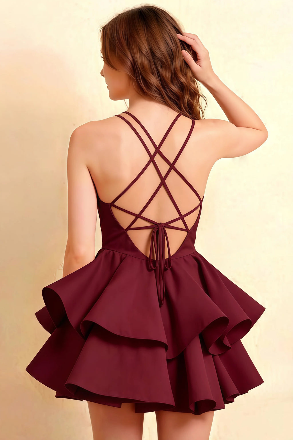 Brenda Burgundy V Neck Spaghetti Strap Mini Ruffle Dress