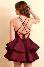 Brenda Burgundy V Neck Spaghetti Strap Mini Ruffle Dress