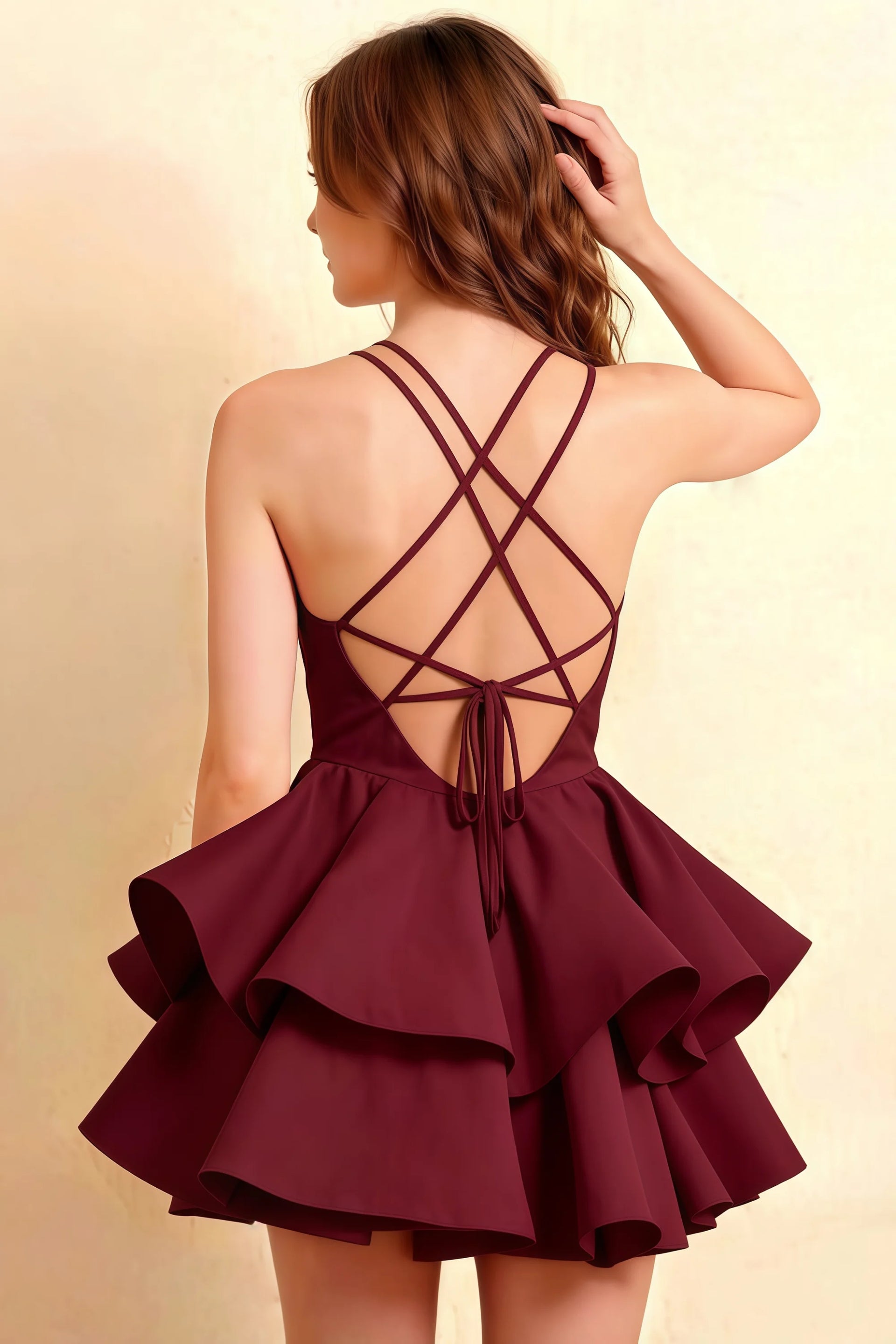 Brenda Burgundy V Neck Spaghetti Strap Mini Ruffle Dress