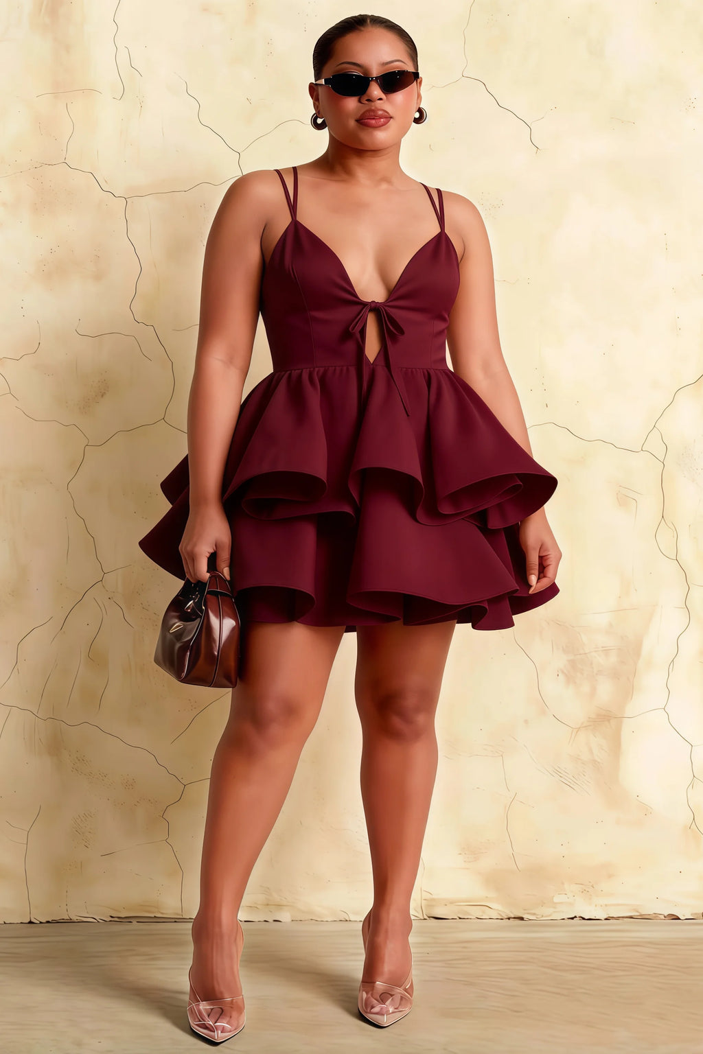 Brenda Burgundy V Neck Spaghetti Strap Mini Ruffle Dress