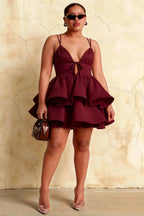 Brenda Burgundy V Neck Spaghetti Strap Mini Ruffle Dress