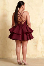 Brenda Burgundy V Neck Spaghetti Strap Mini Ruffle Dress